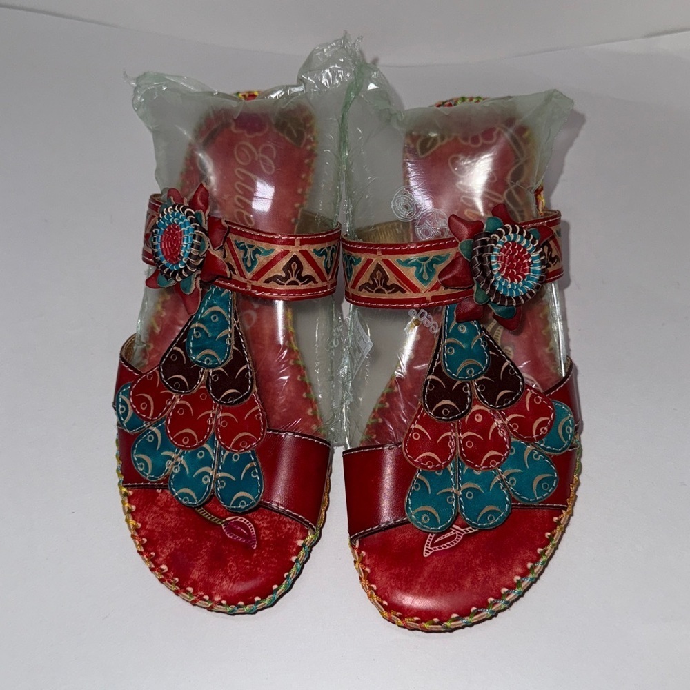 Corky's Elite leather Hand painted Sandal Navajo Size 8 Red Bohemian - Picture 1 of 16